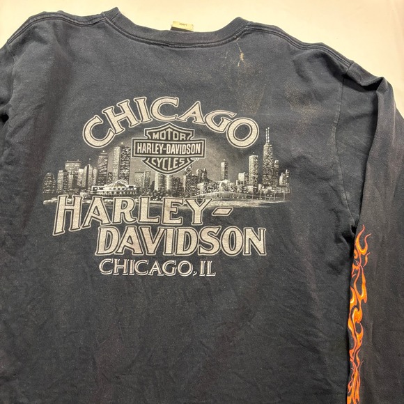 Harley Davidson Chicago Skyline Flames Long Sleeve Mens Shirt Large - Picture 4 of 5